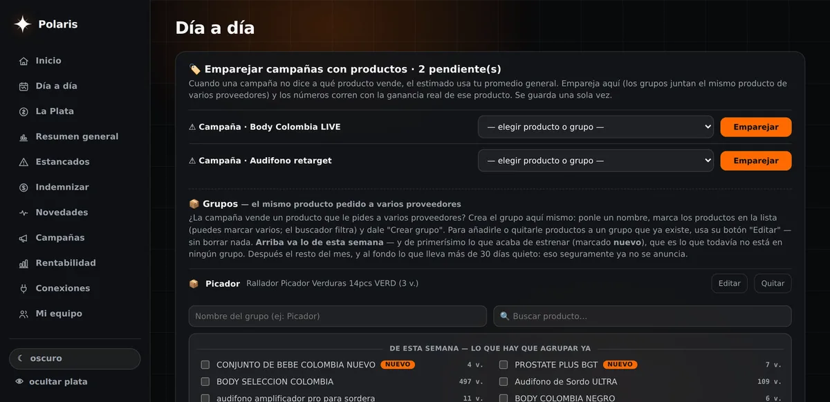 Pantalla Día a día de Polaris: ventas por producto y campaña de Meta con la utilidad estimada
